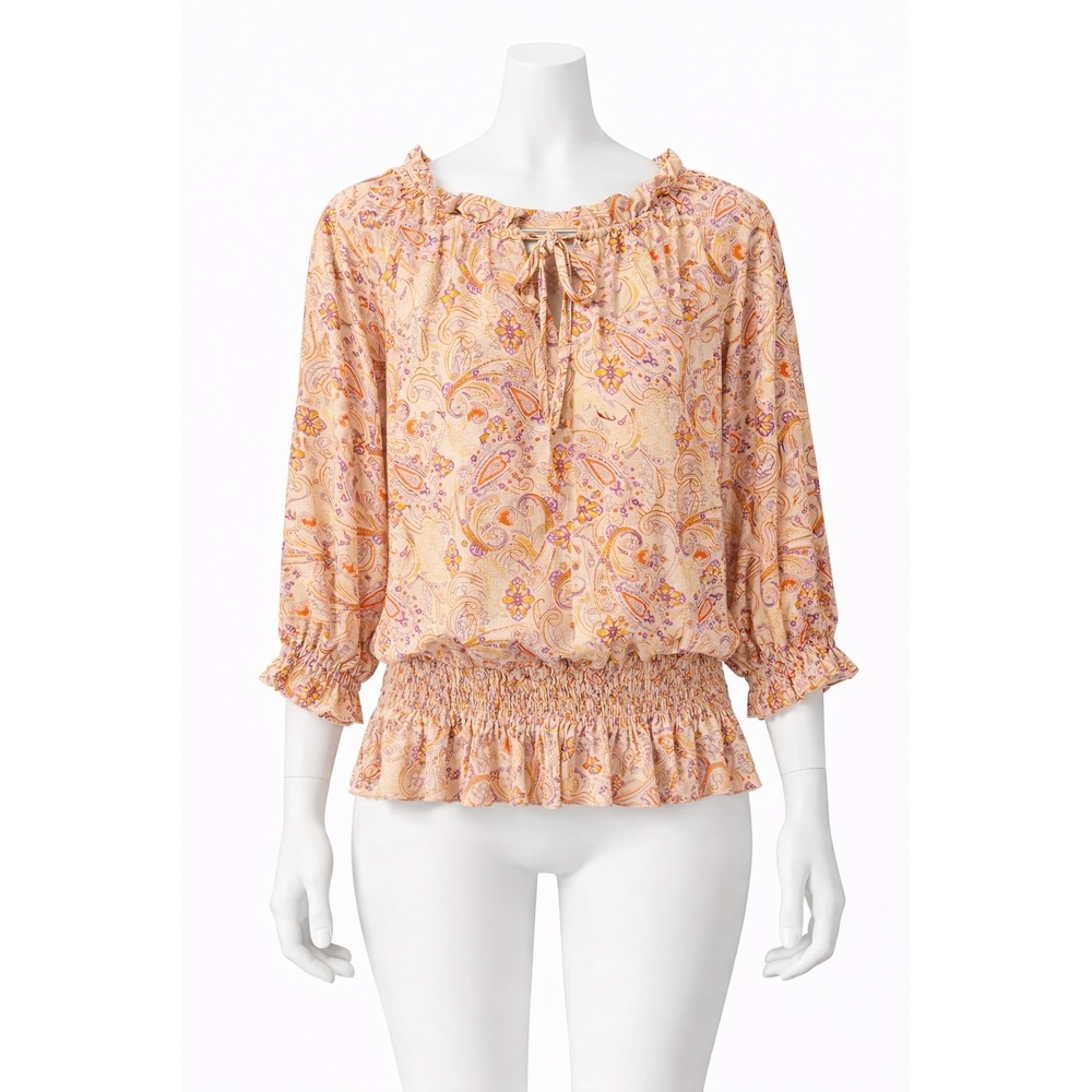 Anthropologie Melloday Paisley‎ Smocked Peplum Tie Neck Blouse Medium Whimsical